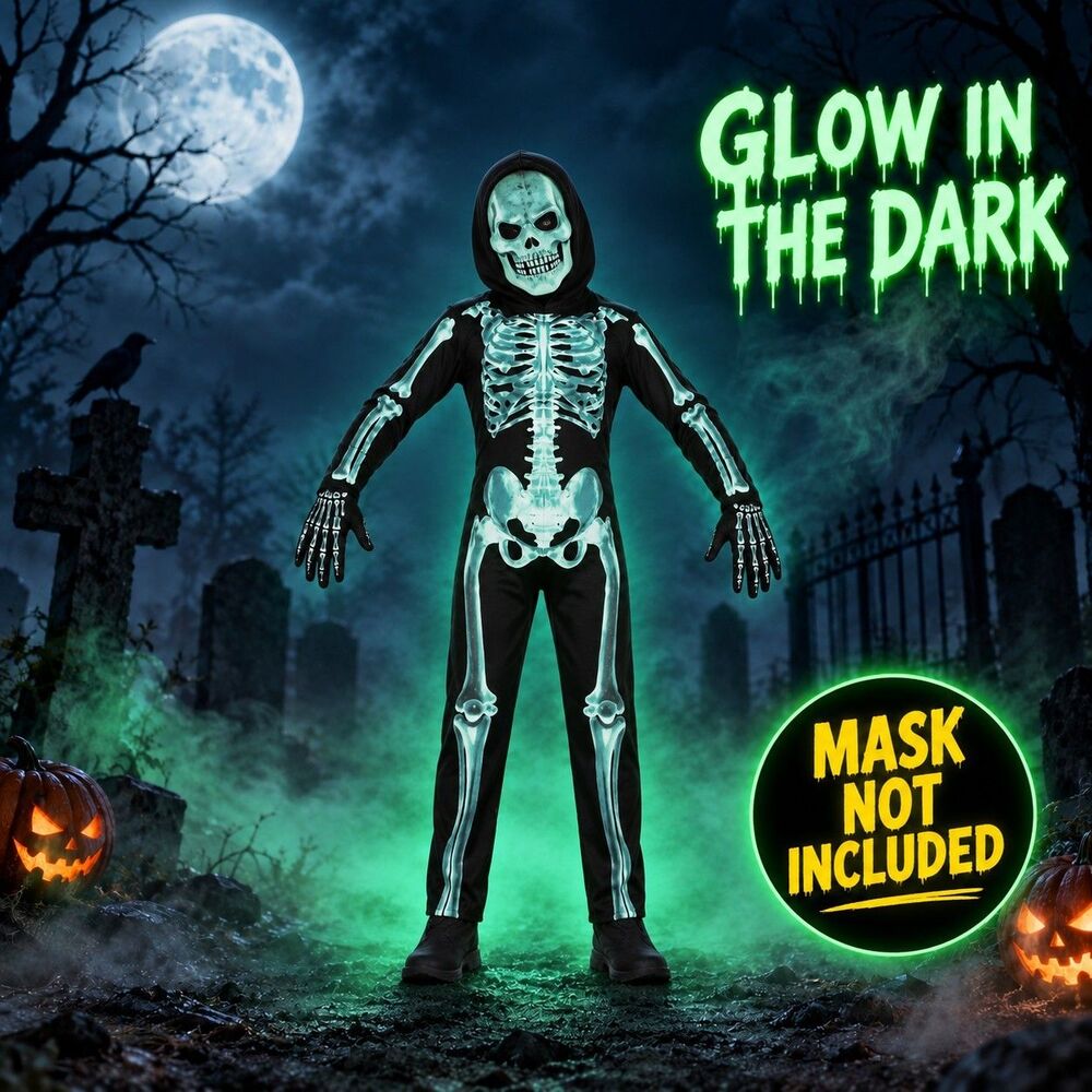 Kids Glow in the Dark Skeleton Halloween Costume Child Large 12-14 No Mask C55